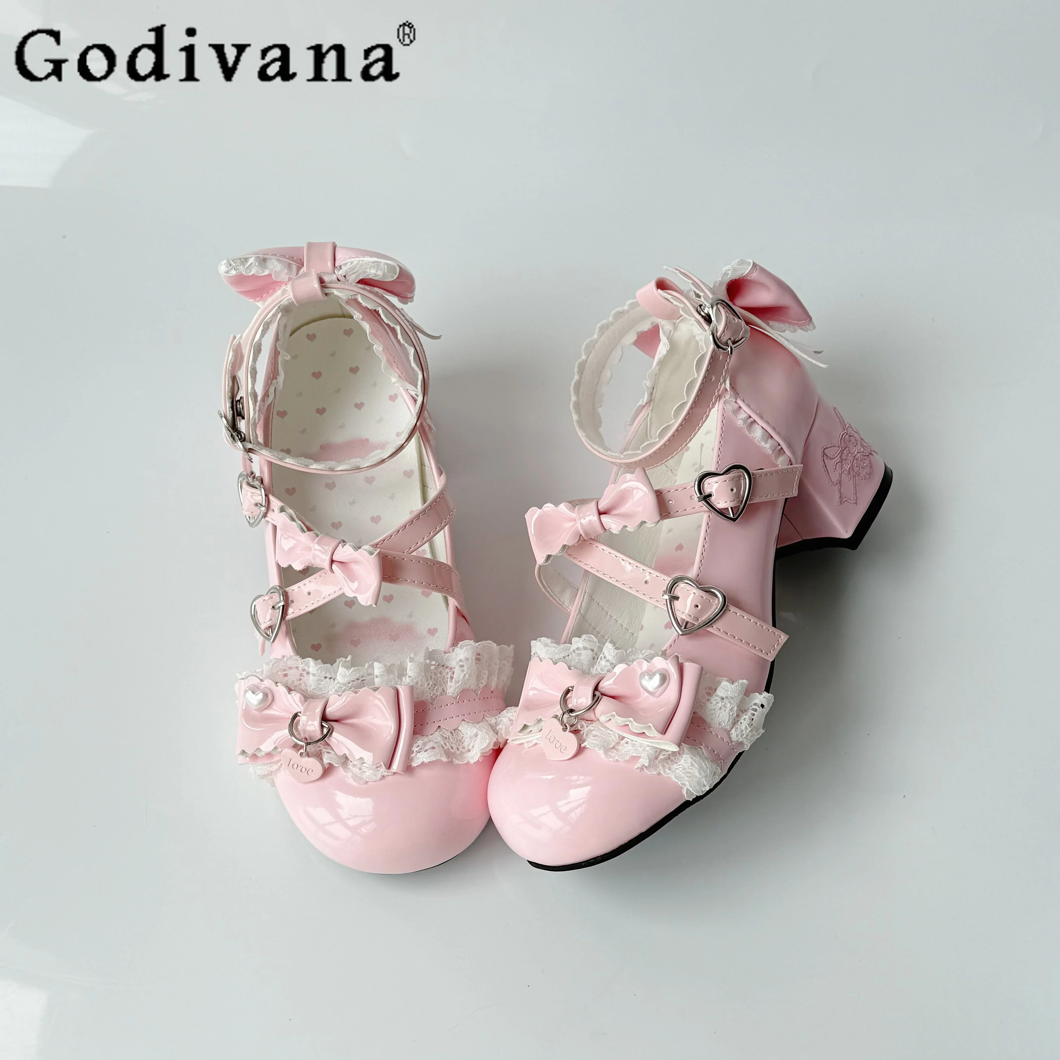 

Original Japanese Kawaii Girls Pink Lolita Mary Jane Shoes Spring and Summer Women's Sweet Elegant Bow Lace Lo High Heel Pumps