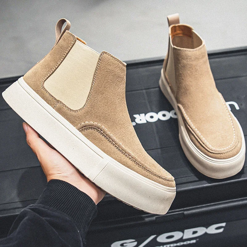 Fashion Casual Men British Cow Suede Shoes Real Leather Handmade Vintage Ankle Boots Slip-On Chelsea Boots Men Business Work