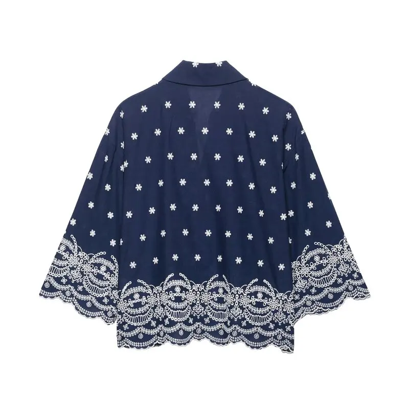 Conjunto de Csa e Calças com Estampa Bordada Casual Faionável Novo Verão 2025 Roupa Fena Poliéster Manga Longa Gola ...