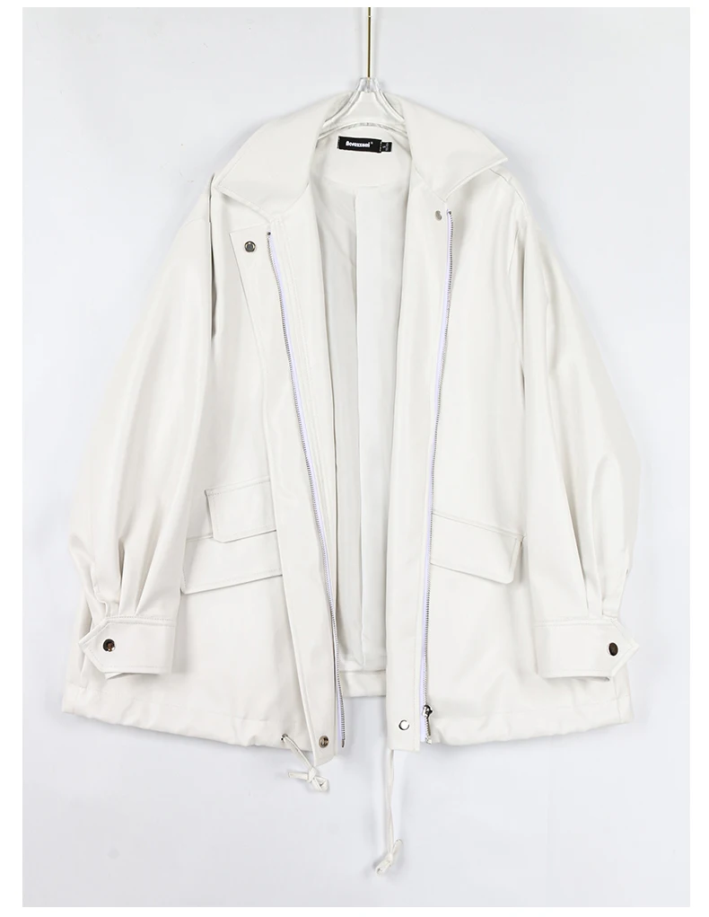 Lautaro Spring Autumn Oversized Casual Waterproof Black Soft Pu Leather Jacket Women with Drop Shoulder Long Sleeve Fashion 2022