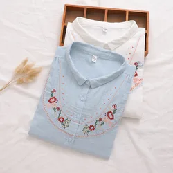 100% Cotton Yarn Blouses Women Summer Japan Fashion Boho Design 3/4 Sleeves Blue White Embroidery Shirts Top Female