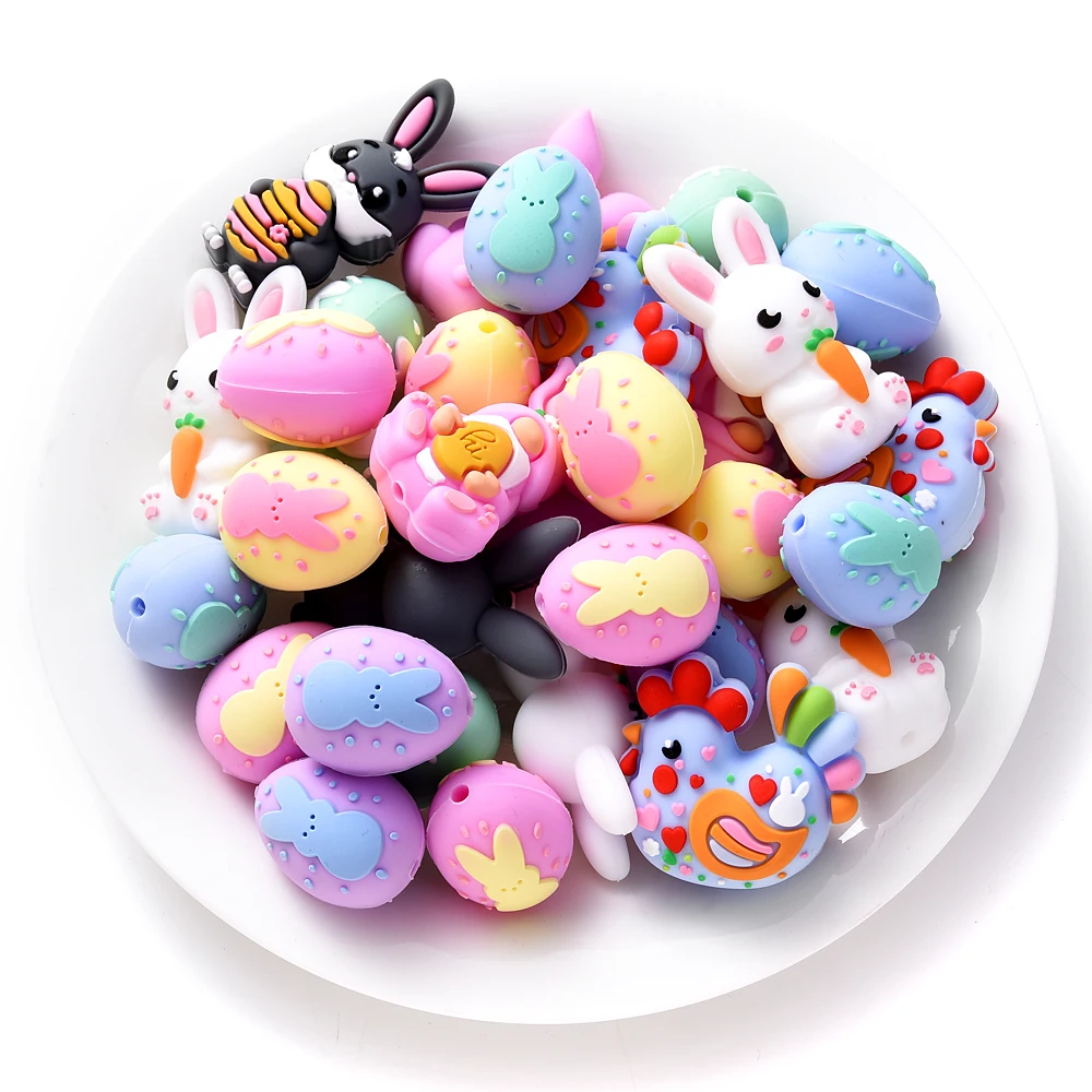3Pcs Silicone Beads Rabbit&Chicken Styling Food Grade for DIY Baby Pacifier Chains, Teether Bracelets Necklace Accessories