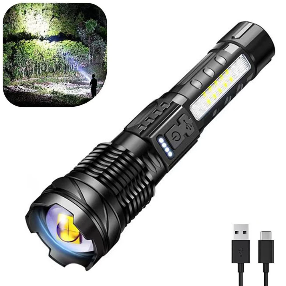 

7 Modes High Power LED Flashlight With COB Side Light USB Rechargeable Lantern Zoom Lamp Long Range Spotlight Torch Camping