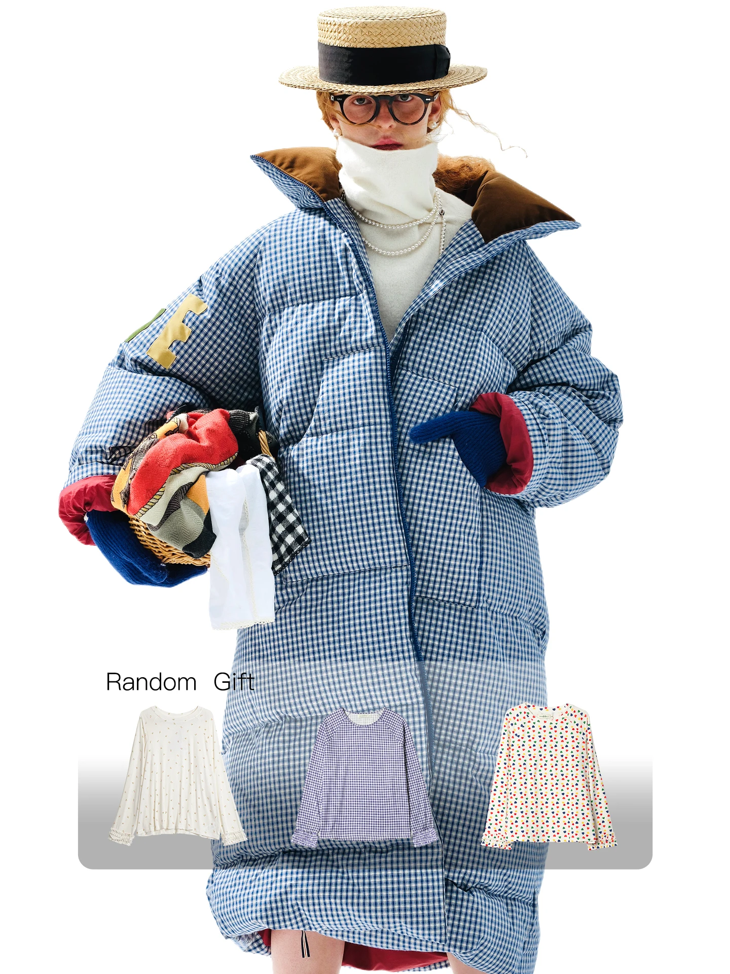 

Royal Blue Plaid Long Down Jacket Winter imakokoni Flocked Letter White Duck Down Thickened Warm Coat 255257