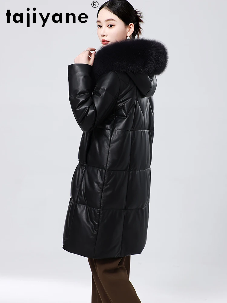 TAJIYANE 100% abrigo de piel de oveja para mujer, chaqueta elegante de cuero genuino negro, chaquetas acolchadas de longitud media, ropa de invierno para mujer 2025