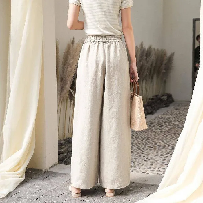 กางเกงขายาวเอวสูงผ้าฝ้ายลินินทรงขากว้างสำหรับผู้หญิง สไตล์ลำลอง ทรงตรง หลวม สบาย ความยาวเก้าส่วน