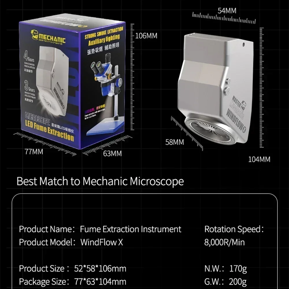 MECHANIC WindFlow X Exhaust Fan with Light Powerful Smoke Exhaust Tool Suitable for Microscopes Welding and Repair of Phone PCB