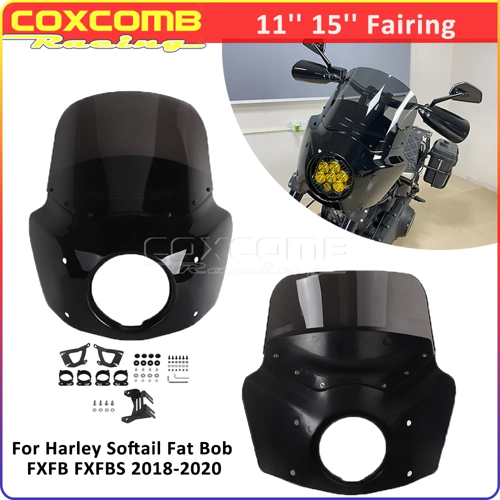 

Motorcycle Front Head Light Fairing Mask Cowl Cover For Harley Softail Fat Bob FXFB FXFBS 11'' 15'' Wind Shield Grey Windscreen