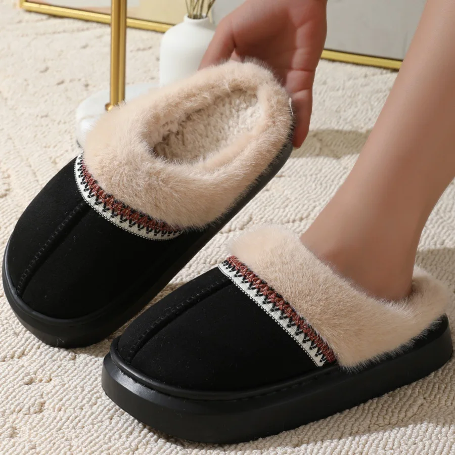 Gacimy Women Winter Plush Slippers Thick Sole Fuzzy Lined Outdoor Suede Slides Indoor Fur House Shoes Warm Fluffy Cotton Slipper