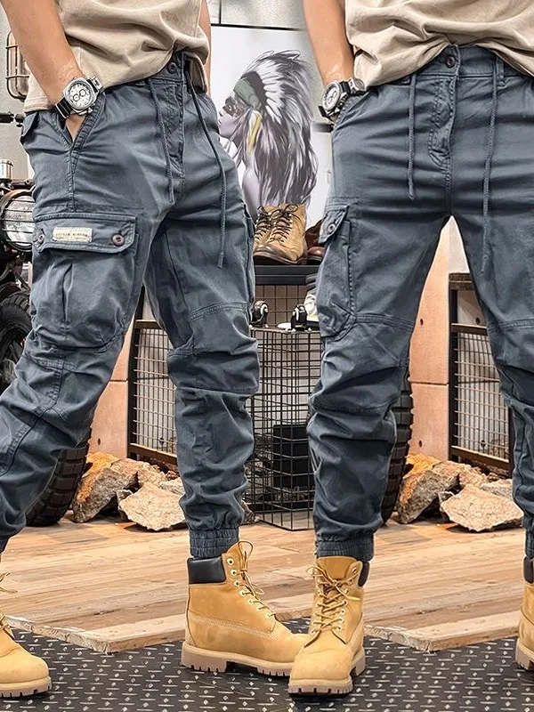 Fall Heavyweight Pure Cotton Work Trousers Men's Trendy American Fashion Pocket Elastic Waist Versatile Loose Harlan Long Tro...