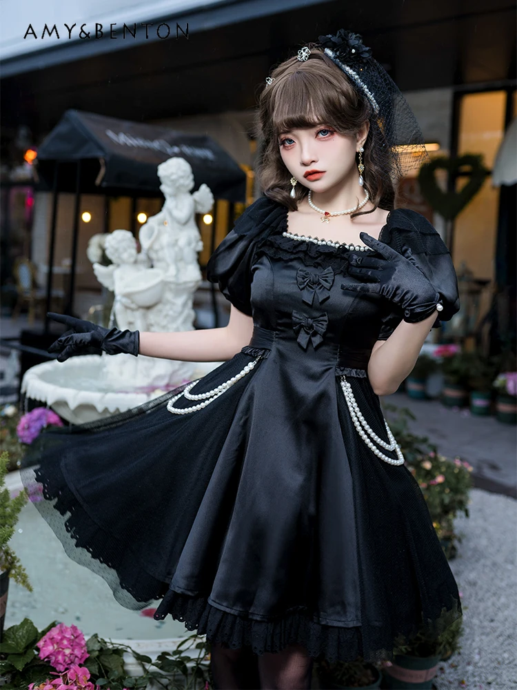 Estilo de fada op elegante cla original lolita vestido doce temperamento puff mangas pérola pingente high-end cetim magro vestidos inchados
