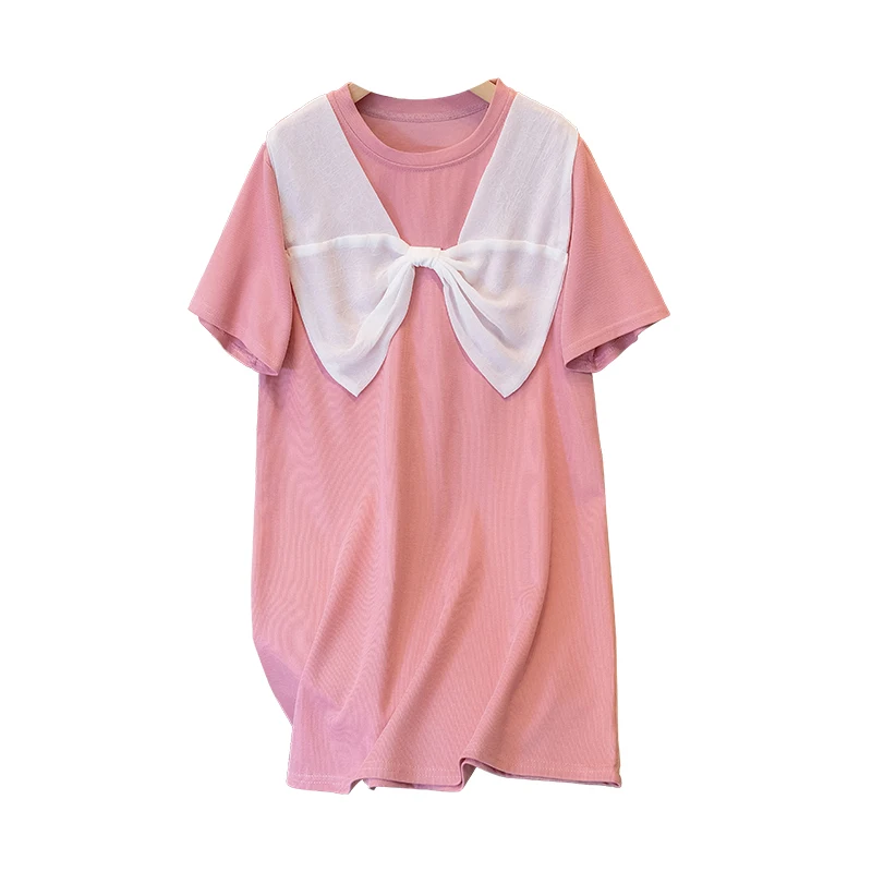 Women Mini Cotton T-shirt Dresses ​Summer Female O Neck Short Sleeve Large Size Elegant Black Pink Bow Patchwork Loose Vestidos