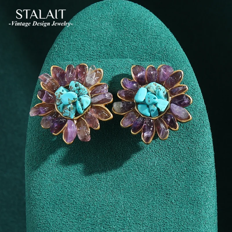 

Винтажные серьги-гвоздики натуральной формы с зеленым фиолетовым камнем и кристаллами подсолнечника для женщин, антикварные ювелирные изделия в стиле ретро, роскошные новинки 2024 года