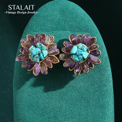 Vintage Natural shape Green Purple Stone Sunflower Crystal Stud Earrings for Women Retro Antique Jewelry Luxury New In 2024