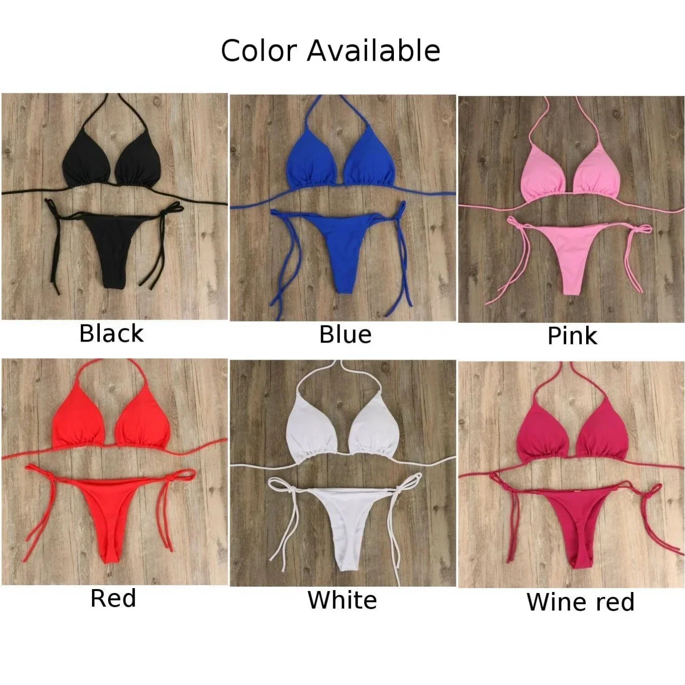 Women Thong Bikini Set Side Tie Sexy Swimsuit Bandage Style Brazilian Swimwear Neck Hanging Solid Color Adjustable Swimsuit Set