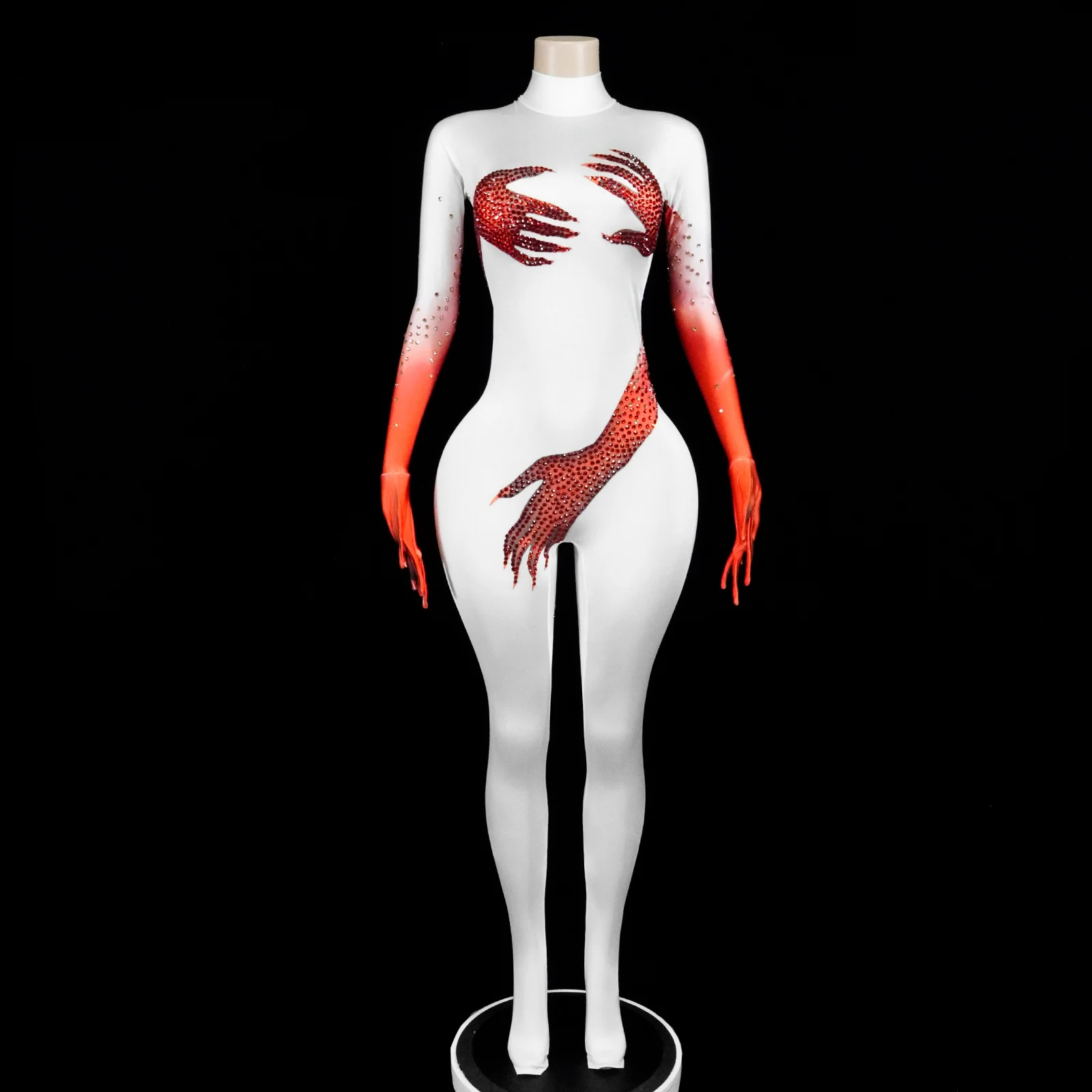 섹시한 풀 다이아몬드 긴 소매 점프수트 여성용 무도회 폴댄서 공연 패션 클럽 의상 사진 촬영용