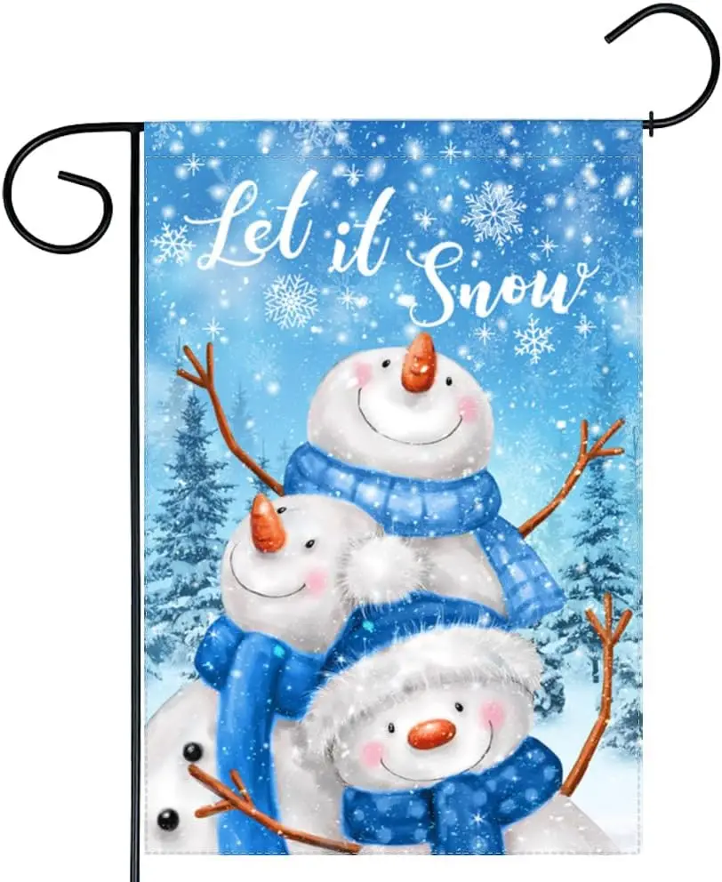 Funnytree Let it Snow Blue Snowman Garden Flag for Outside Mailbox Vertical Welcome Merry Christmas Xmas Winter Snowy Forest Yar