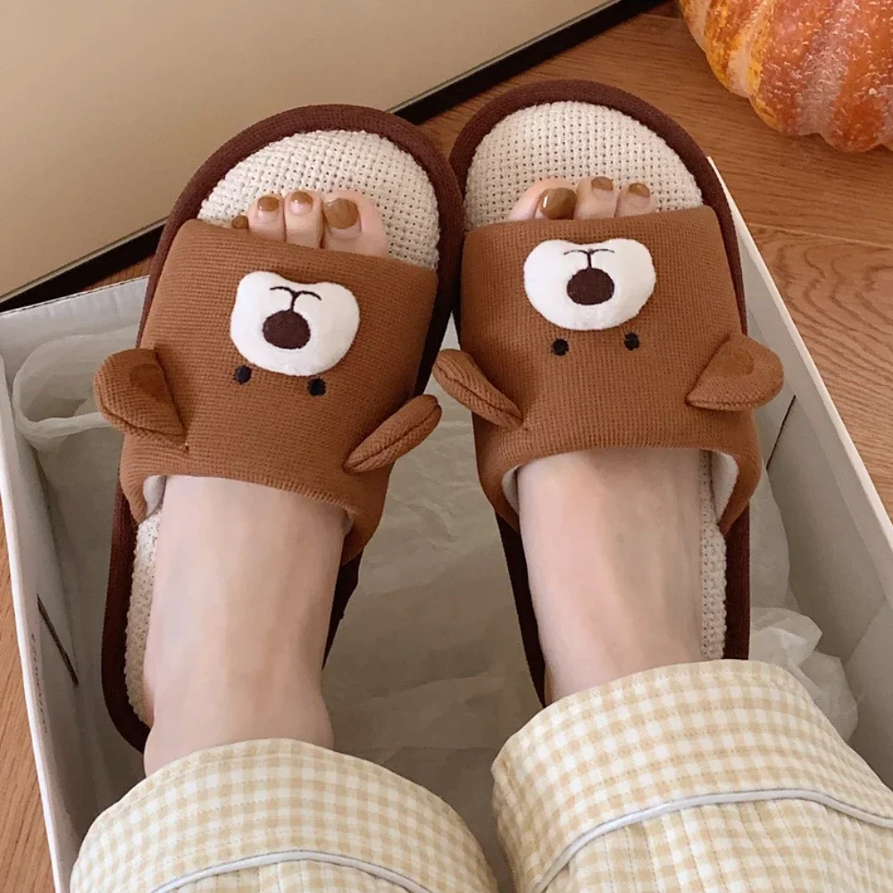 

New Cute Bear Fashion Hemp Soft Ladies PVC Casual Mix Colour Design Comfortable Female Linen Home Slippers