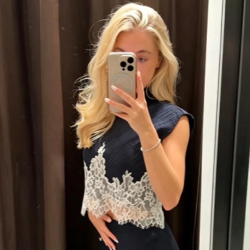 HXAO Spitzen-Crop-Top für Damen 2026 Korsett Dunkelblaues Tanktop Damenmode Plissiertes O-Ausschnitt Schlankes Ärmelloses Oberteil Elegante Urlaubstopps – Detail 6