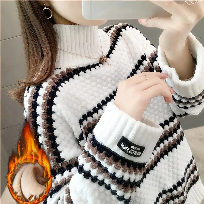 

Plus Velvet Thick Striped Sweater Women's 2024High-Necked Autumn Winter New Chic Knitted Pullovers Sweater Female Loose Warm Top