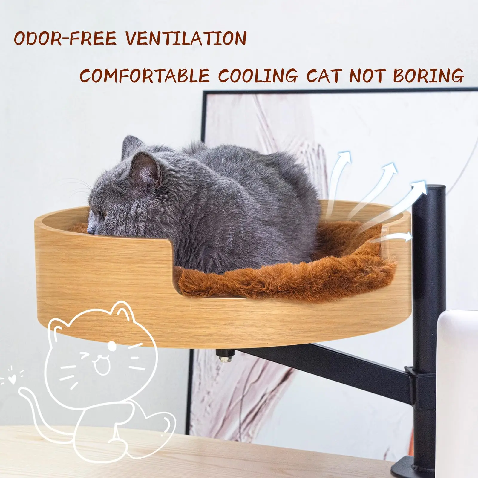 Cama para gatos de madera maciza, escritorio, altura ajustable, hamaca para gatos, elegante con cuenco de madera duradero