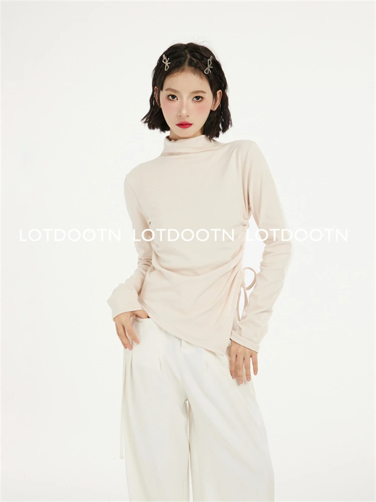 LOTDOOTN Women Clothing Korean Fashion Shirred Design Slim Long Sleeve T-shirt Autumn New Y2K Stand Collar Solid Chic Basic Tops