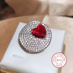 Brilliant Red Heart Zirconia Ring Open Luxury Women's Jewelry Premium All-match Temperament Banquet Jewelry S925 Silver