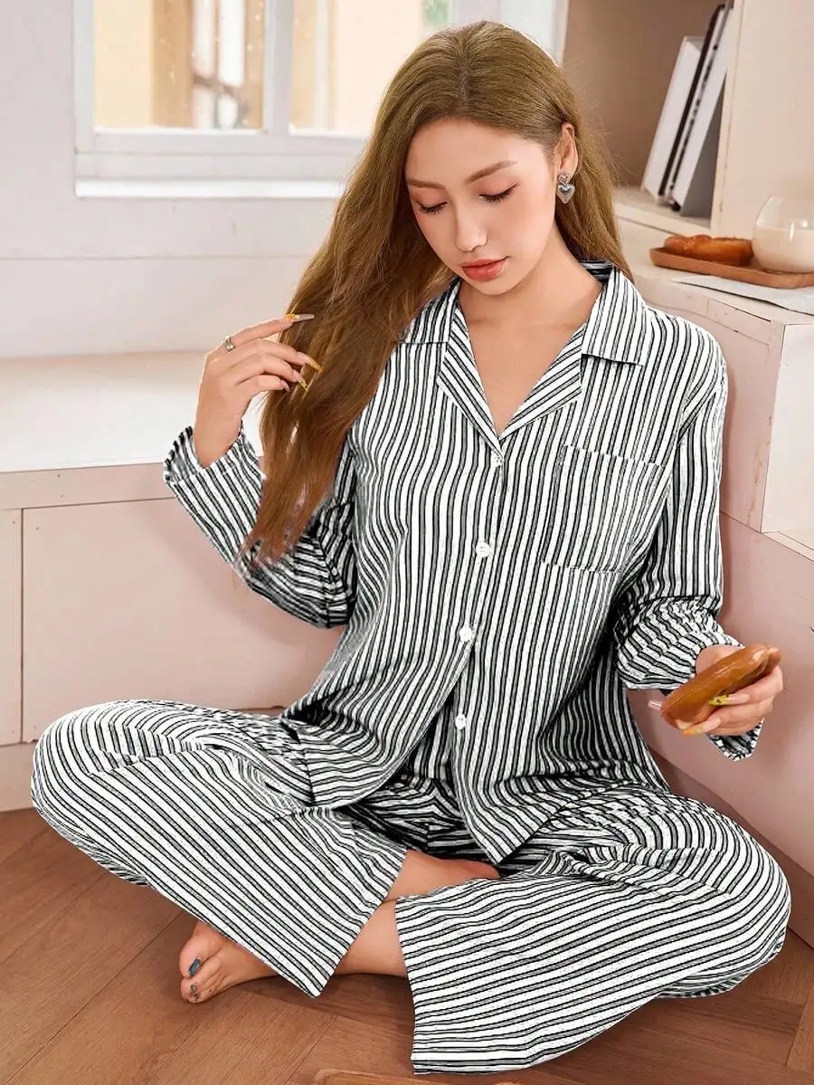 Black White Striped Lapel Pajama Set Loose Casual Women Sleepwear Fall Winter