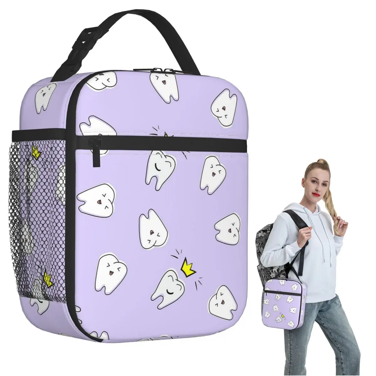 Tooth Dentist Nursery Print Violet Insulated Lunch Bag for Women Kids Portable Food Boxes Thermal Lunch Box Tote