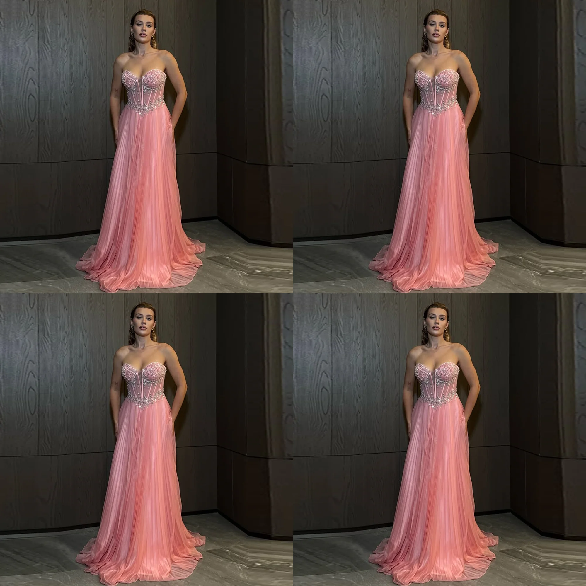 Maßgeschneidertes A-Linien-Abendkleid mit herzförmigem Kragen, Tüll, plissiert, Korsett, Perlenkristall, A-Linie, rückenfrei, langes Partykleid mit Hof