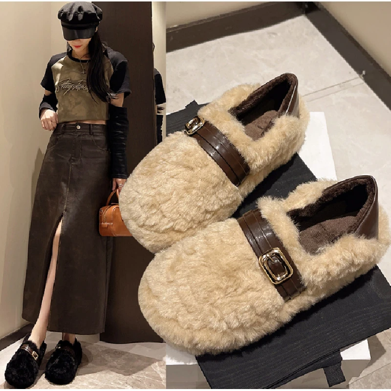 

Winter Casual Style Chunky Platform Slip-On Warm Faux Fur Slippers with Belt Buckle–Thick Sole, Height-Boosting, Plush shoes