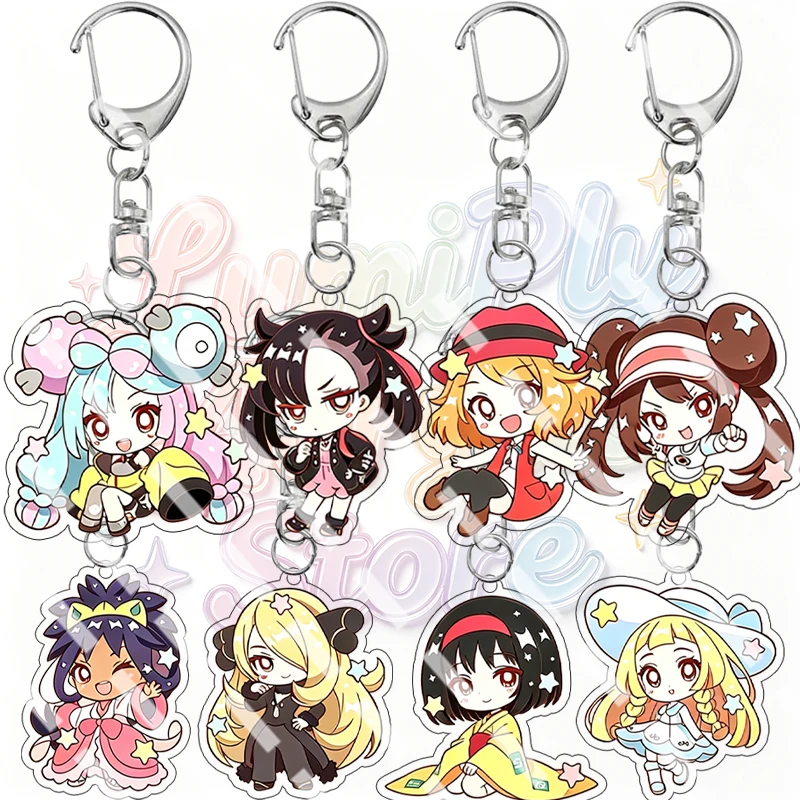 Pocket Monsters Trainer Acryl-Schlüsselanhänger Marnie Elesa Bea Iris Hilda Lillie Anime Q-Version Niedlicher Taschenanhänger Schlüsselring Fan-Geschenke