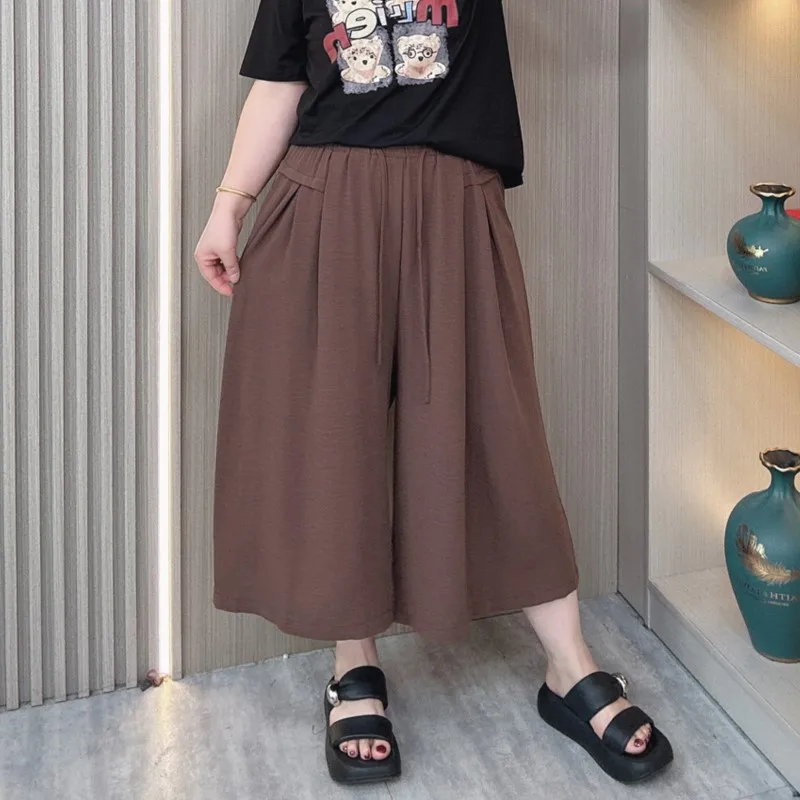 Culottes de perna larga feminina, cintura alta elástica, seda gelo, casual, calça com comprimento de panturrilha, solta, verão, nova, plus size