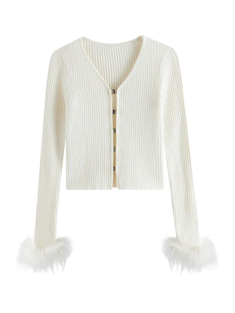 FSLE【Premium Series】Elegant Ostrich Feather Sleeve Sweater For Women 2025 Spring New Design Chic Outfit 25FS11091