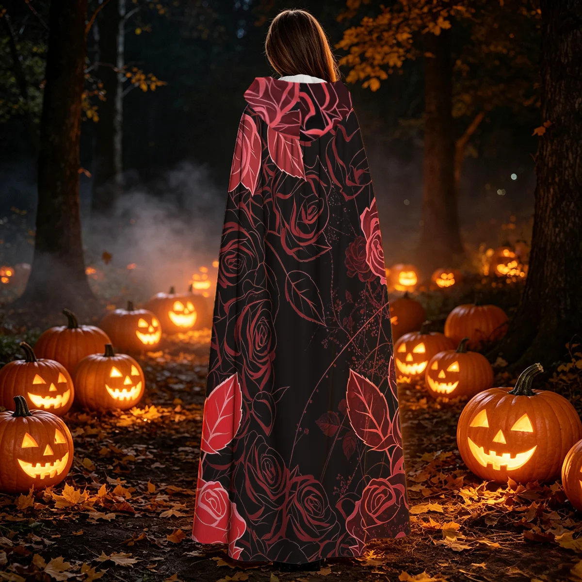 1pc Gothic Hooded Cloak Cape with Red Rose Floral Medieval Robe - Dark Vintage Witch Wizard Costume Suitable for Role-Playing