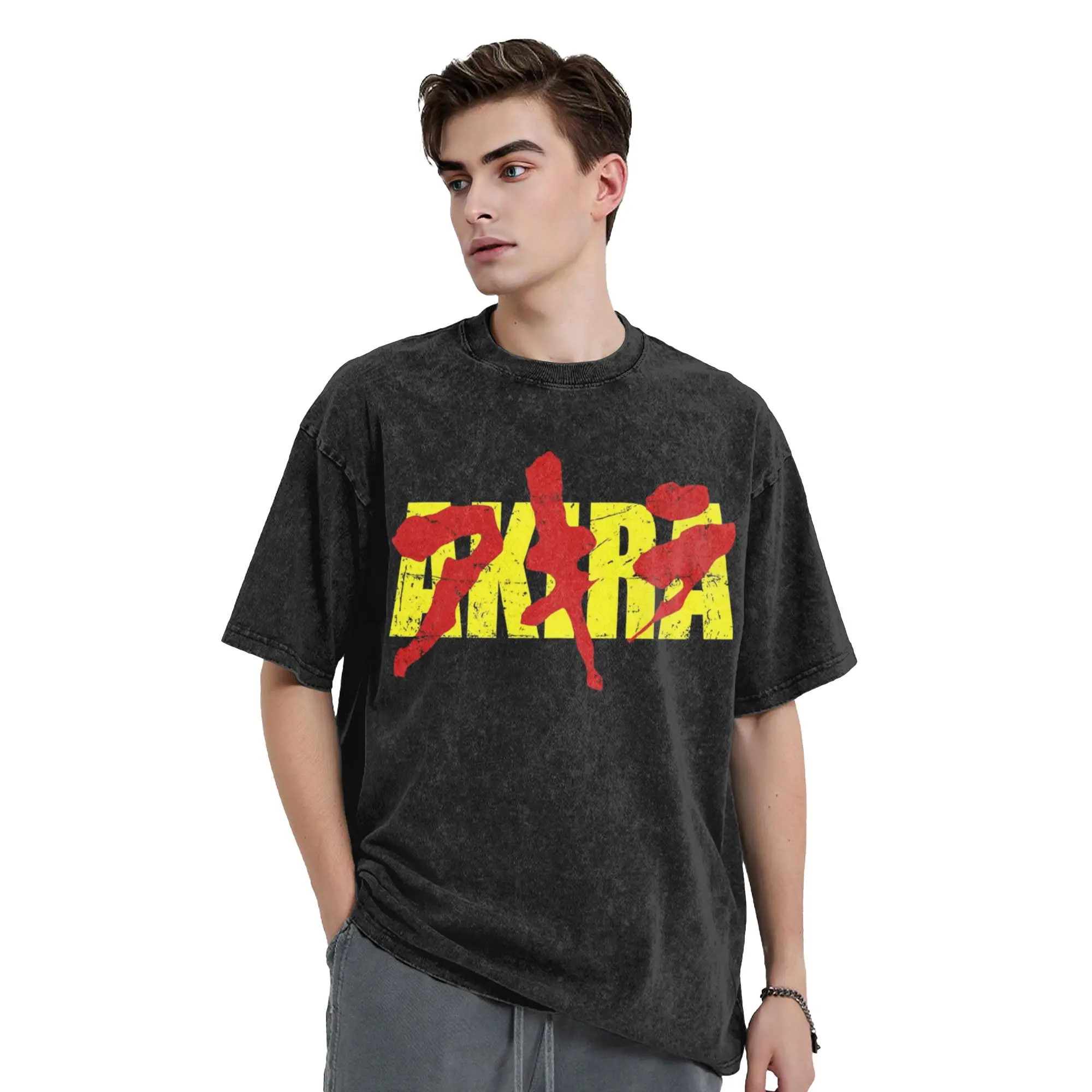 Washed T Shirt Kanji Calligraphy Bold Red Yellow Akiras Hip Hop T-Shirts Street Streetwear Printed Tops Tee Shirt Men Women
