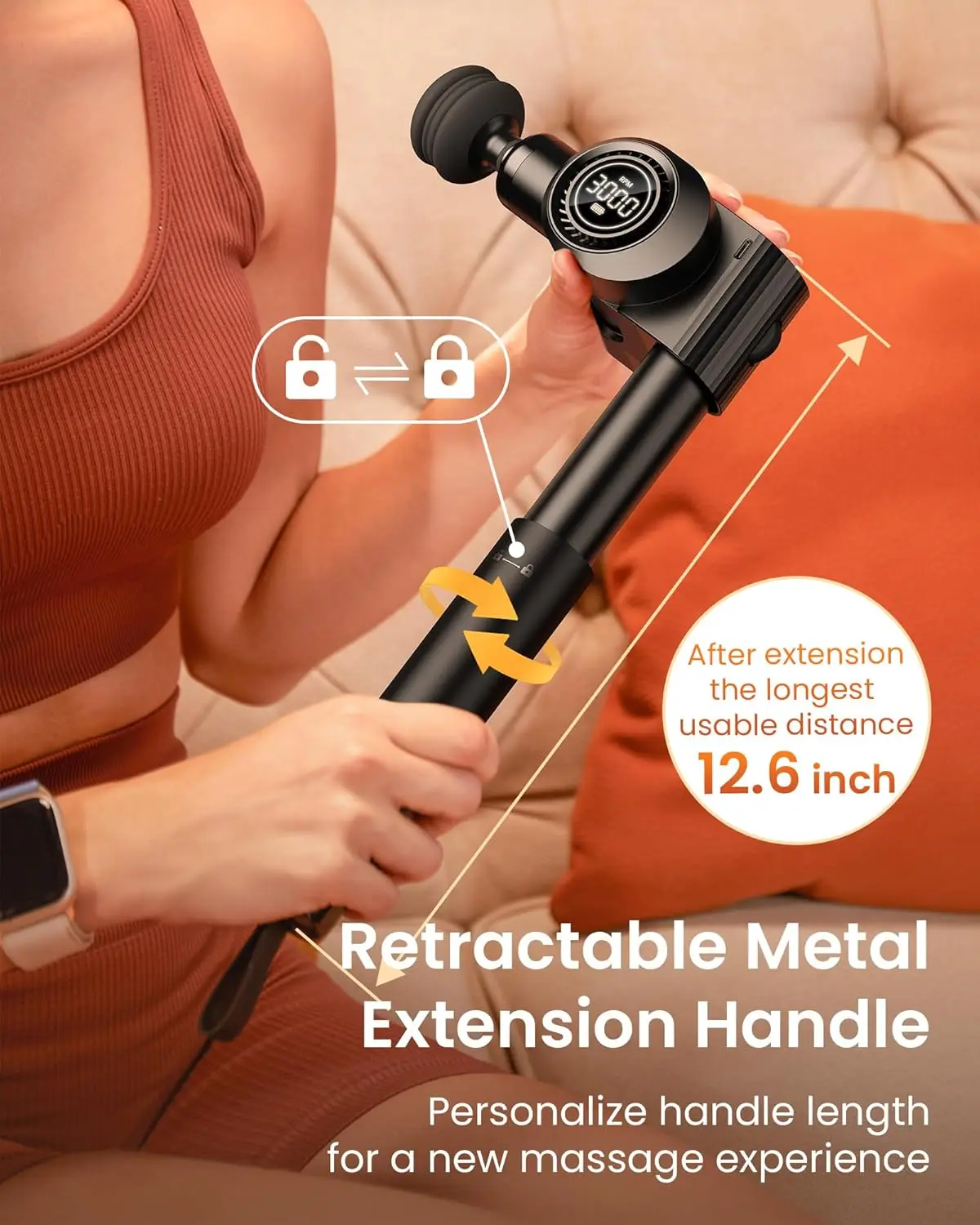 Pistola de masaje plegable de 32 velocidades con 5 ángulos, masajeador de percusión portátil para aliviar el dolor de espalda/cuello/cuerpo, mango largo de Metal, coche