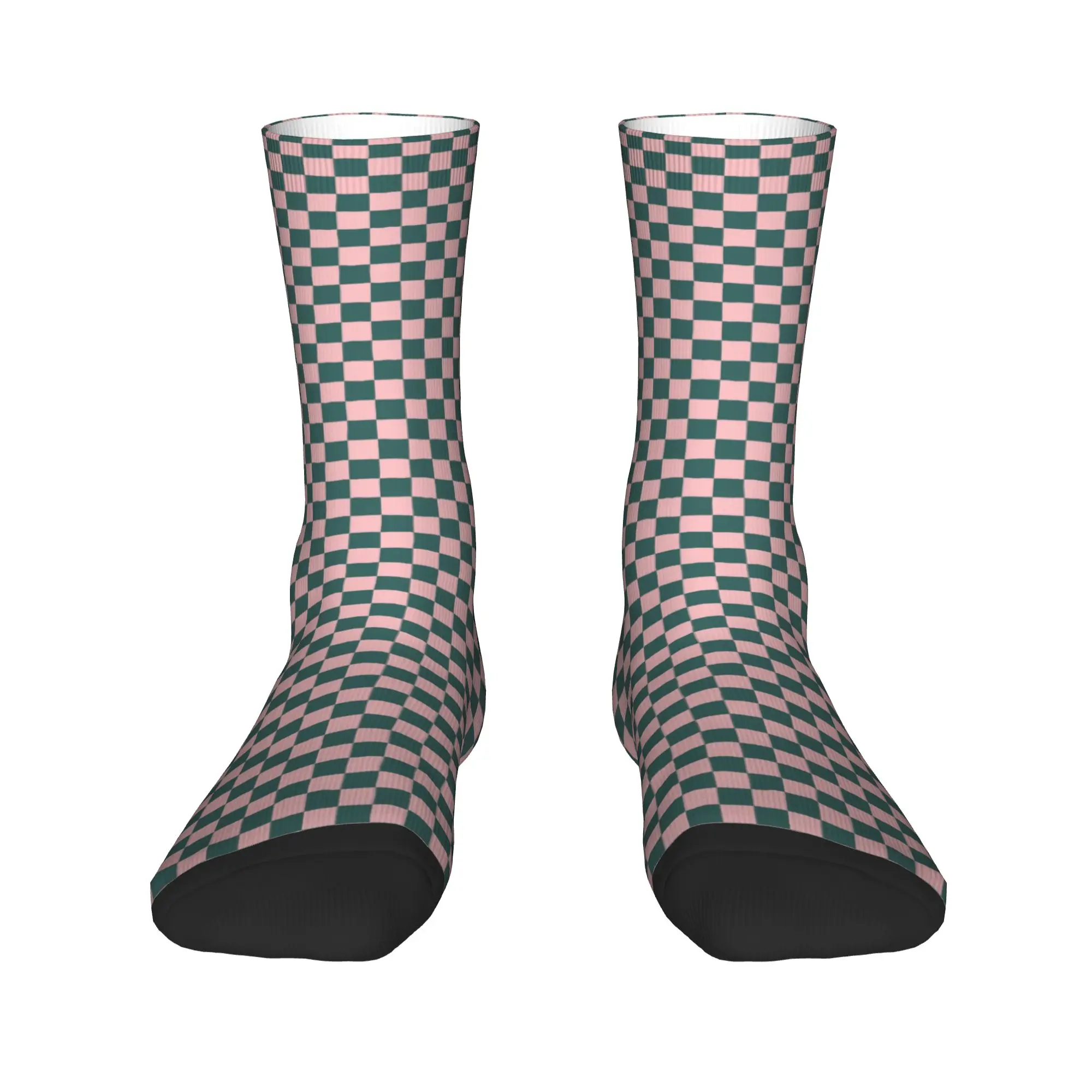Calcetines con diseño de cuadros en azul verdoso y rosa para hombre y mujer, calcetines transpirables y cálidos con diseño geométrico a cuadros, calcetines de vestir para primavera, verano, otoño e invierno
