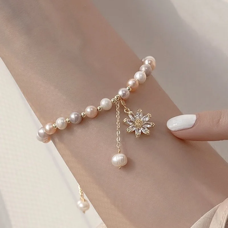 PONYKISS 925 Sterling Silver Freshwater Pearl Zircon Flower Charm Bracelets for Women Cute Fine Jewelry Plant Accessories