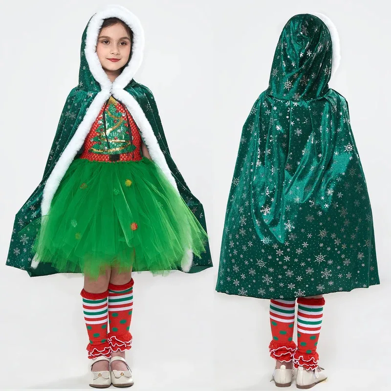 

Christmas Dress for Kids Cosplay Princess Costumes Girls Green Tutu Skirt with Cloak Legging Headband Set Headwear Holiady Party