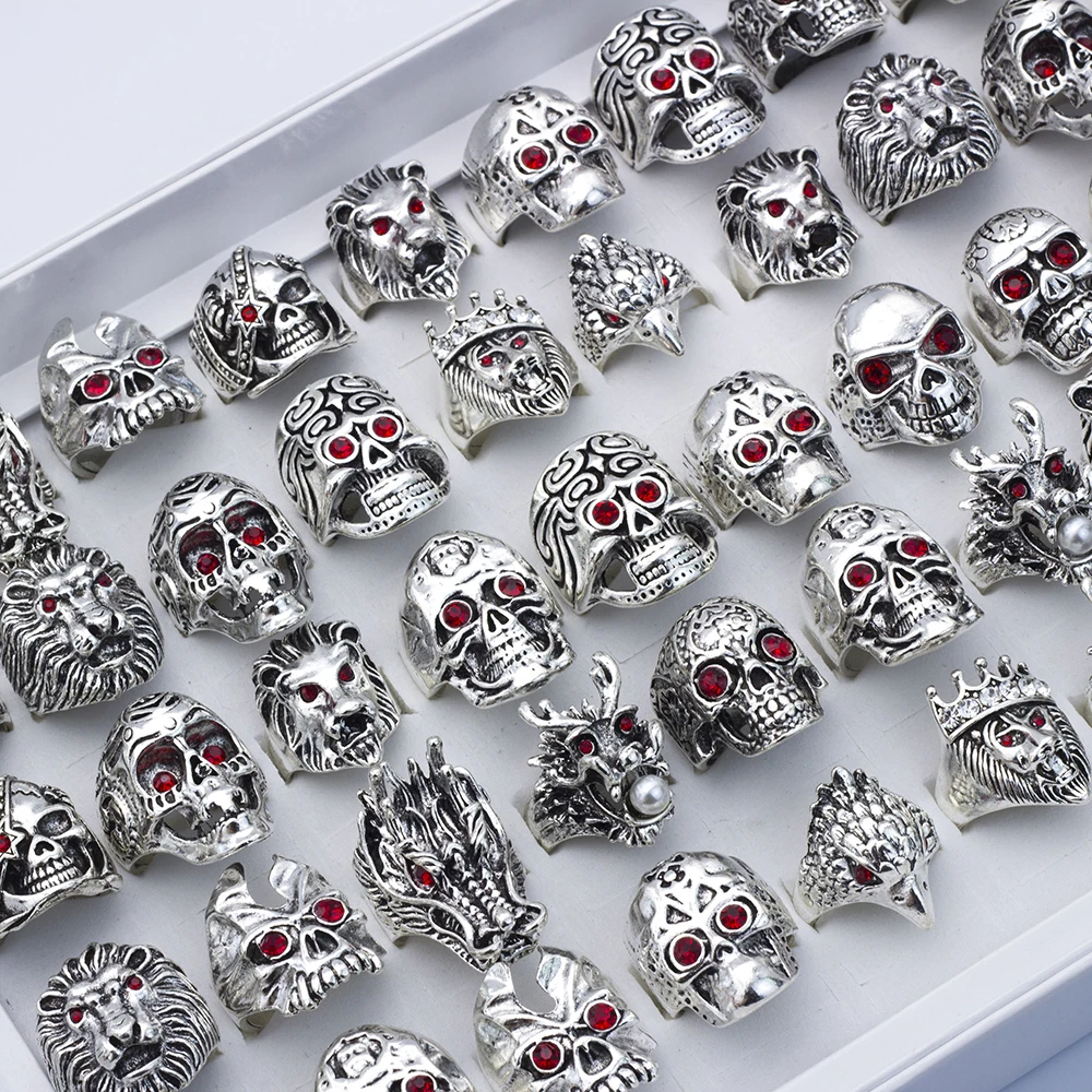 20 Pcs/Lot Gothic Skull Rings for Men Women Metal Rock Punk Crystal Totem Dragon Lion Head Designer Jewelry Accessories Anillos