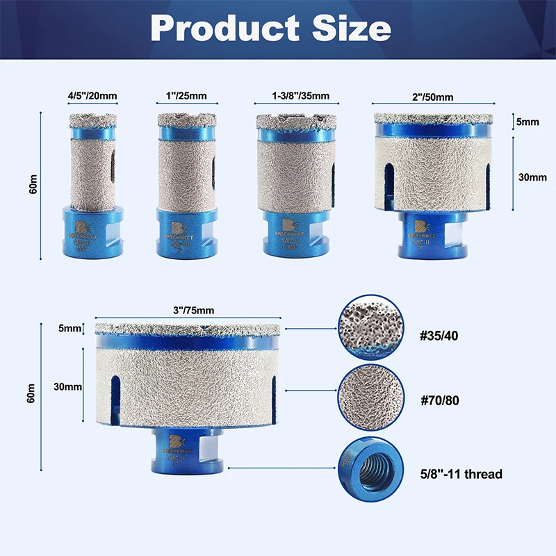 BRSCHNITT-Drilling Bit Milling Bit for Porcelain Marble Tile Hole Saw Grinding Bit Mill Bit, Dia 20, 25, 35, 50, 68mm 58 Thread