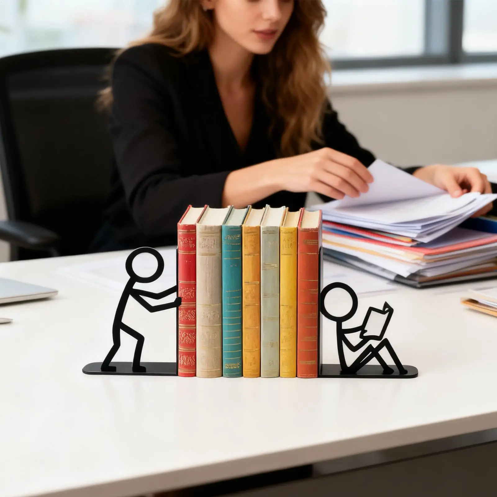 2Pcs Desktop Bookend Metal Decorative Bookshelf Non-slip Document Organizer Books Storage Rack Stable Desk Book Stopper Holder