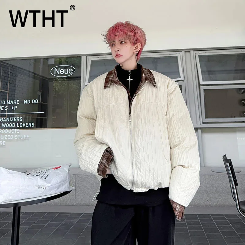 

WTHT fashion men's spliced plaid fake two-pieves design coats trendy turn down collar casual jackets male 2025 autumn 2A2348