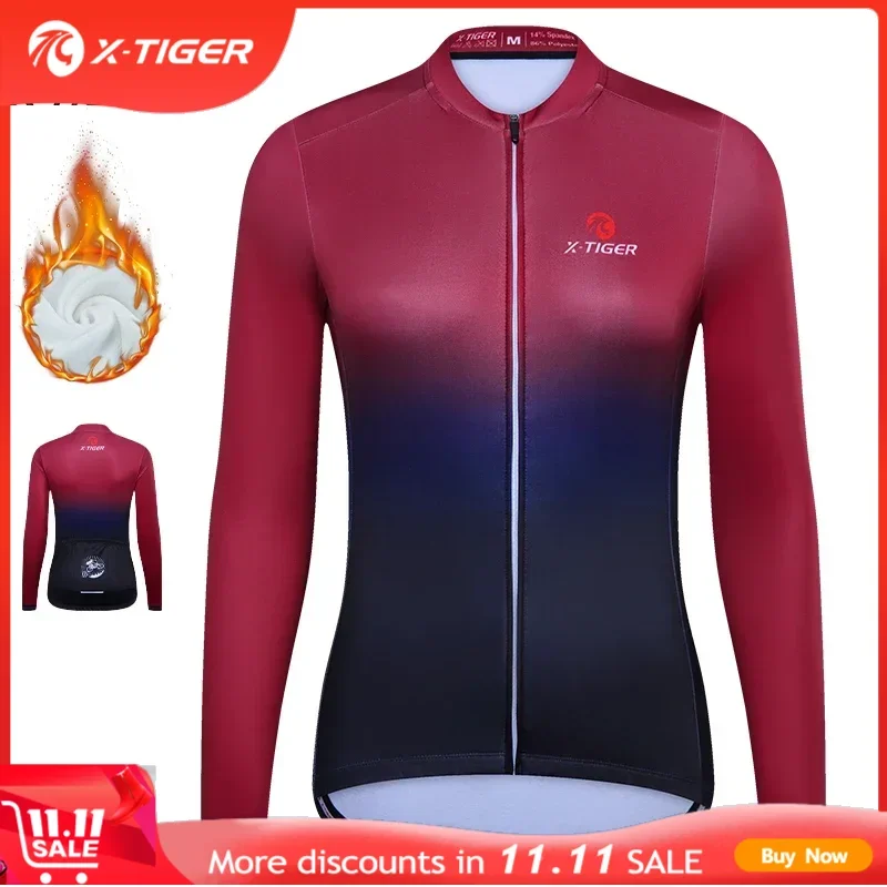 X-TIGER Cycling Jerseys Lady Winter Thermal Biking Jersey Long Sleeve Keep Warm Gradient Series Sport Running Bicycle Shirts