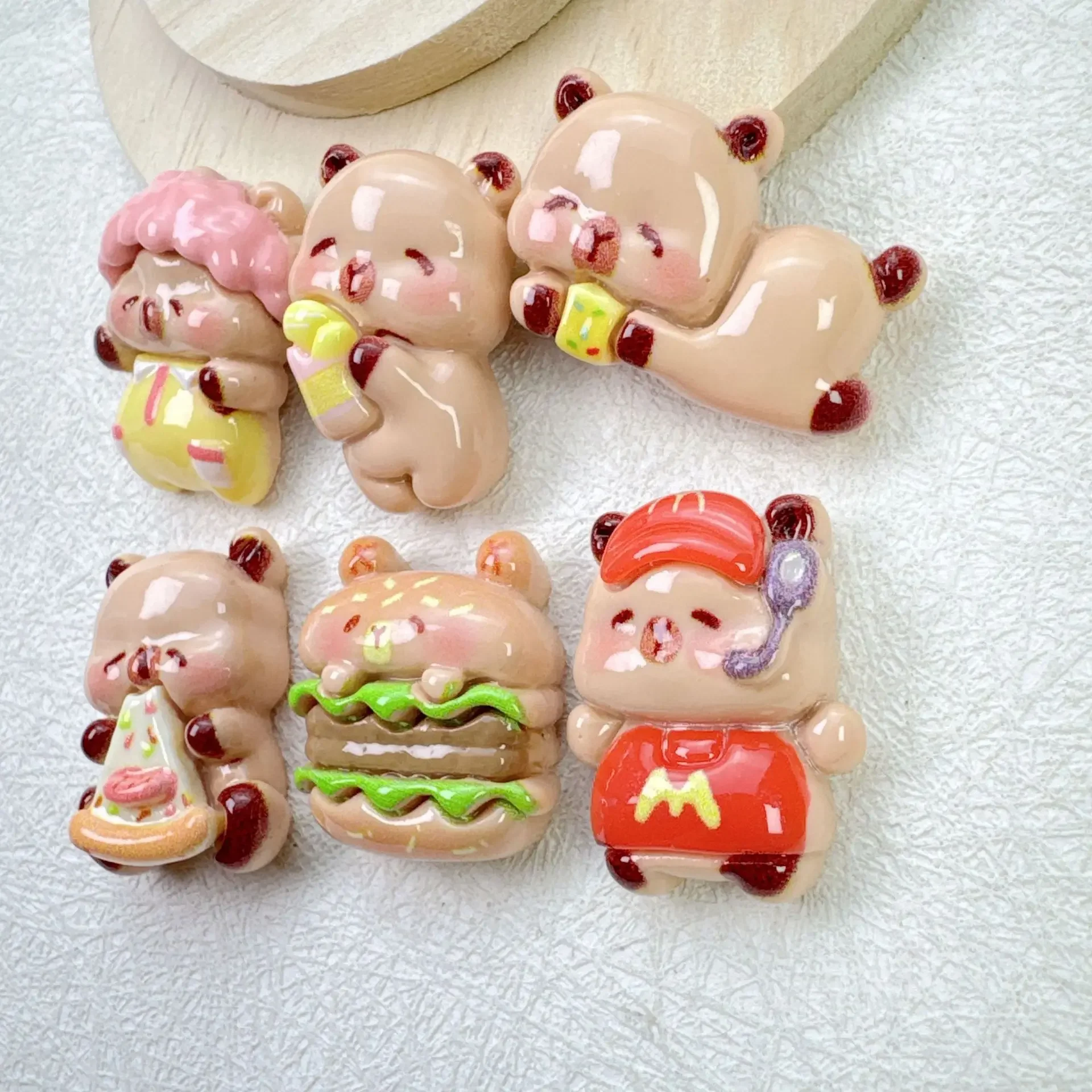 5pcs Small Card-Glossy Bear Capybara Hairpin Water Cup Headrope Grab Clip Cream Glue DIY Resin  flatback Accessories