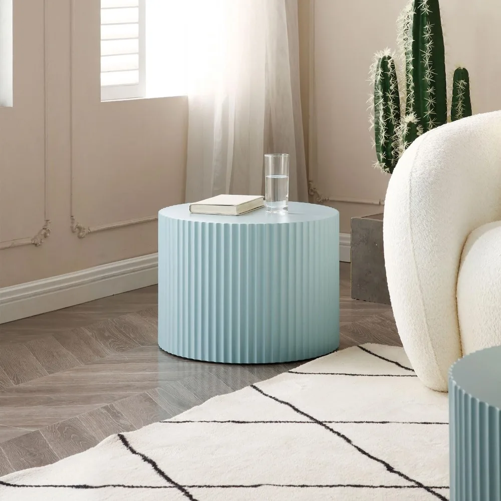 طاولات القهوة المتداخلة المعاصرة، زوج من الطاولات الجانبية الخشبية المستديرة لغرف المعيشة المدمجة - أزرق