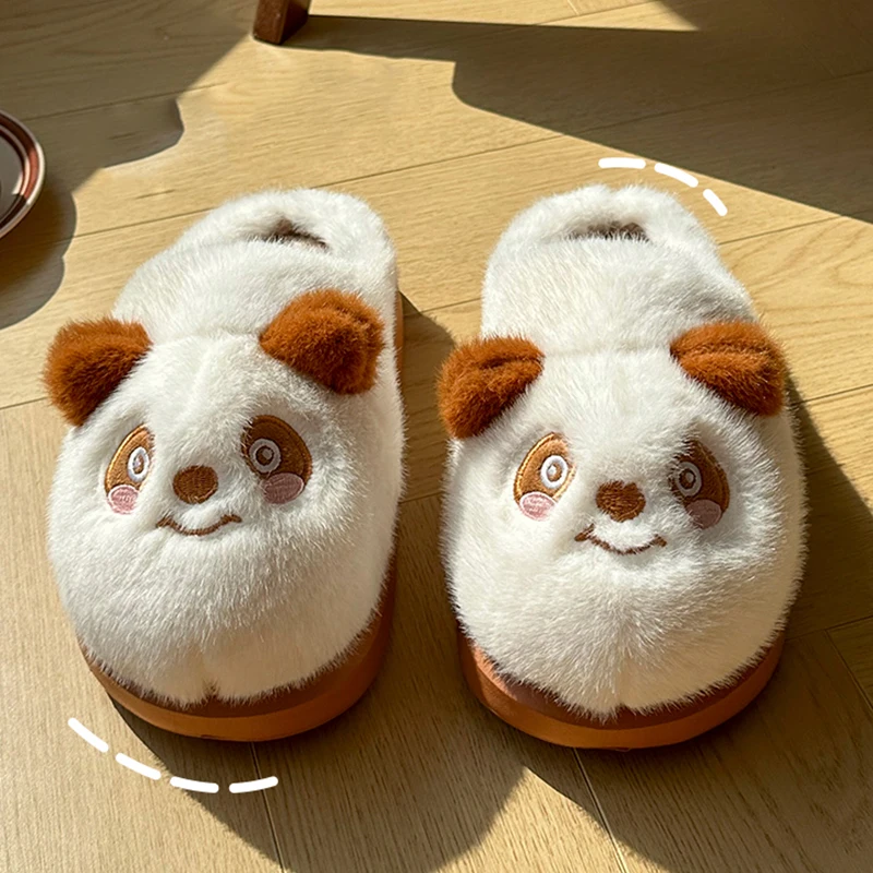 Cute Cartoon Panda Slippers Women 2024 Winter Warm Plush House Slippers Woman Comfortable Soft Sole Non Slip Indoor Home Slides