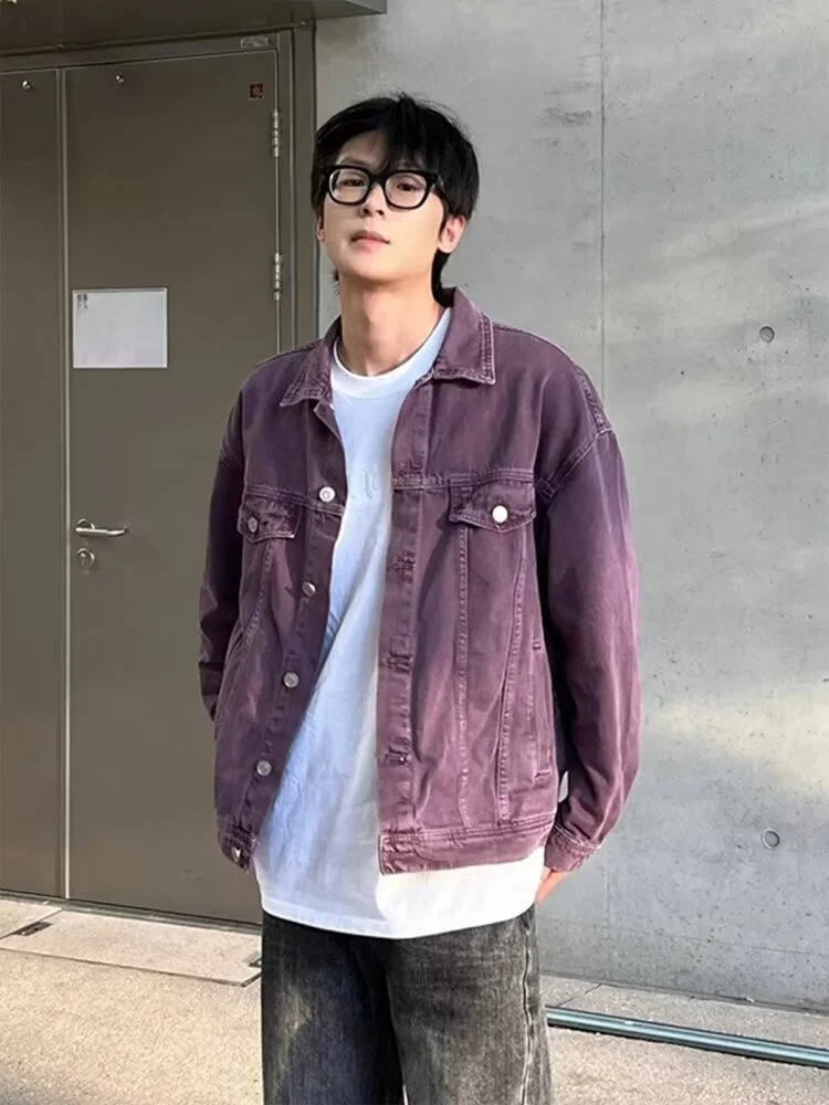 

American High Street Vintage Purple Denim Jaet Men's Autumn Haome Loose Workwear Jaet Oversize Jeans Sle Coat