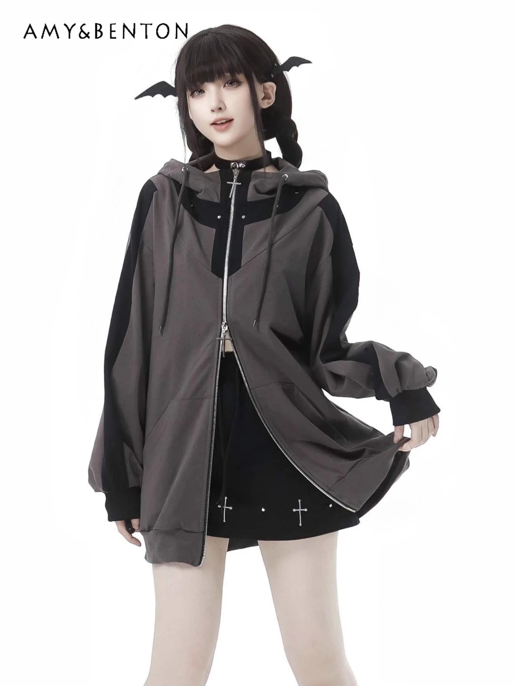 Subculture Girl Black and Gray Suit Gothic Patchwork Hooded Short Zipper Sweater Mini Skirt Y2K Two Piece Sets Womens Outifits